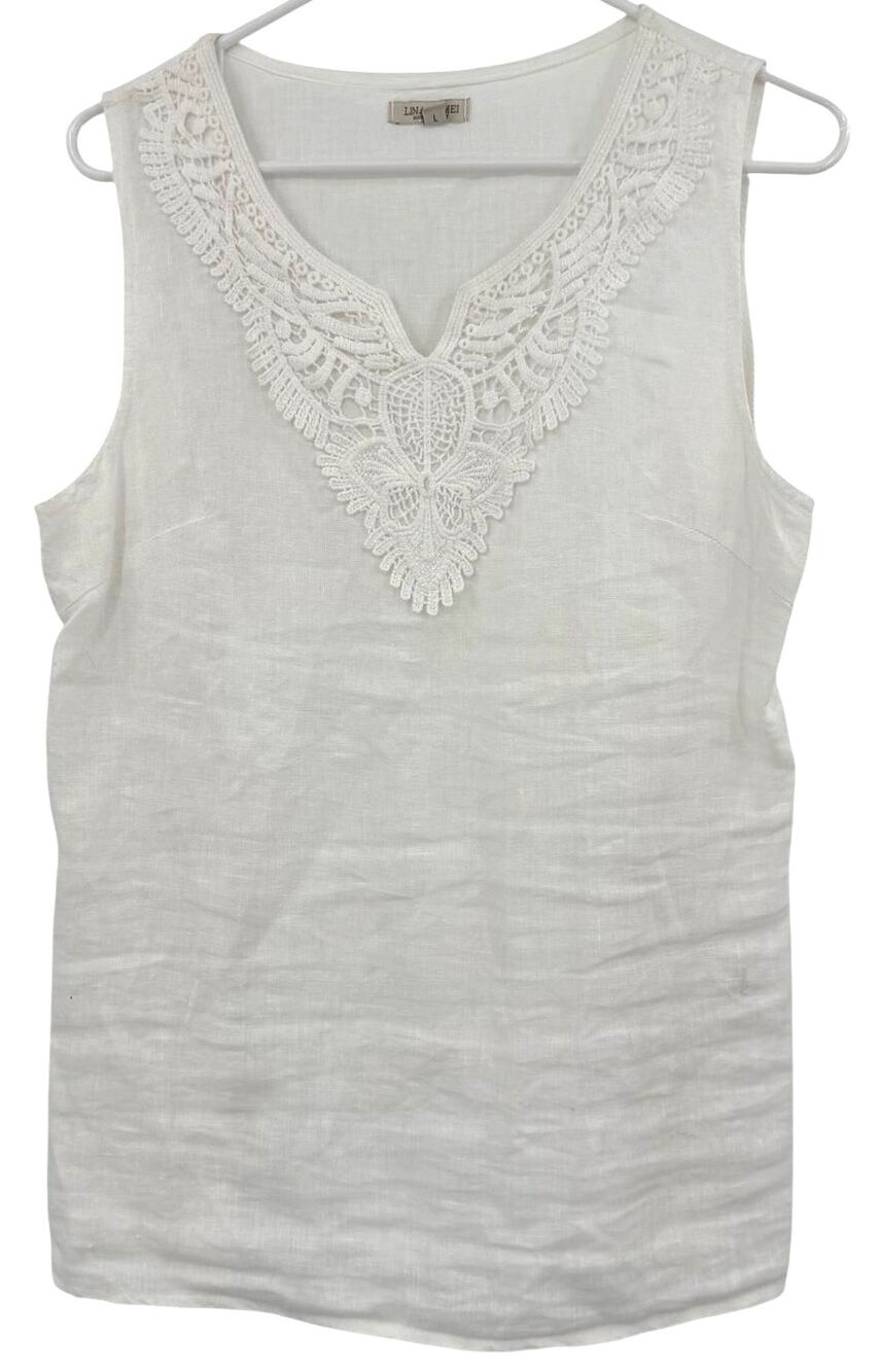 Lina Tomei Size Large Sleeveless Blouse Tank‎ Top Shirt White 100% Linen